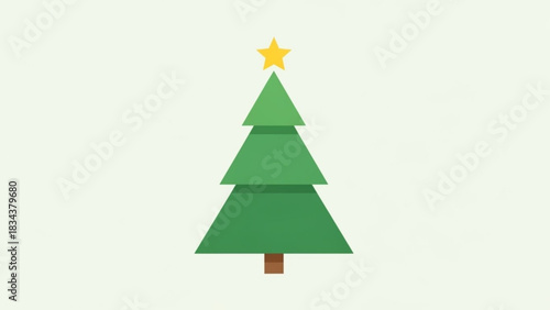A minimalist geometric green christmas tree with a bright yellow star on top stands against a plain light green background with ample copy space