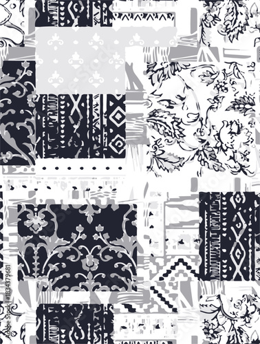 seamless patchwork paisley pattern on background.Seamless patchwork design vector fabric design. Vector graphic tile for interior and clothing fabric or ceramic tiles