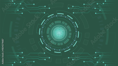 Green cyber security background featuring a glowing fingerprint scan with digital circles and circuit lines ideal for technology privacy biometrics authentication data safety and modern tech themes
