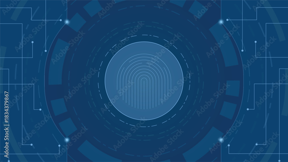 Obraz premium Blue cyber technology background featuring a glowing fingerprint scan with circular digital patterns and circuit lines ideal for security privacy biometrics data protection and modern tech themes