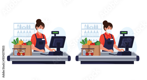 Two masked cashiers operating checkout counters in a grocery store, with groceries displayed.
