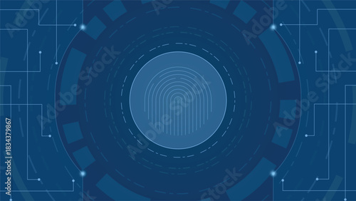 Blue cyber technology background featuring a glowing fingerprint scan with circular digital patterns and circuit lines ideal for security privacy biometrics data protection and modern tech themes
