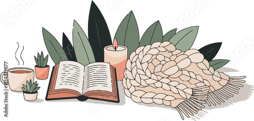 Cozy Still Life with Book, Candle and Blanket Vector, Comfortable Interior Illustration, Warm Hygge Concept Graphic Design, Relaxing Time