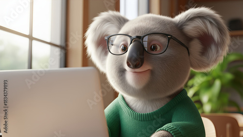 Anthropomorphic koala in glasses and a green sweater smiling while working on a laptop in a bright office