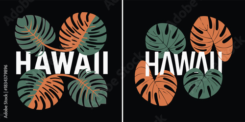 Tropical Hawaii text art with colourful monstera leaves on black background, summer exotic botanical illustration