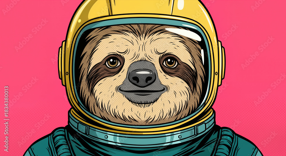 Obraz premium Pop art portrait of an anthropomorphic sloth astronaut in a yellow space helmet and green suit on a pink background