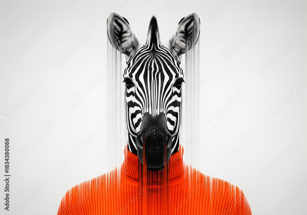 Obraz premium Abstract portrait of an anthropomorphic zebra in an orange turtleneck with a melting digital glitch effect