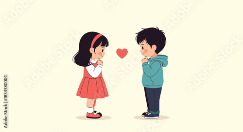 Cute cartoon illustration of a young boy and girl looking at each other with a heart symbol between them.
