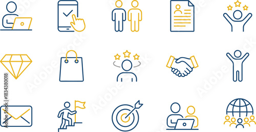 Business icons, teamwork, achievement, communication, mobile interaction, global collaboration, career growth, motivation, productivity, goal setting, minimal vector style, illustration