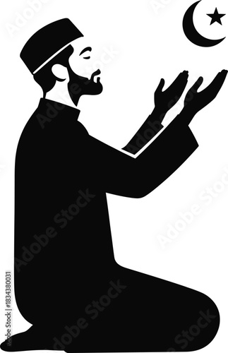 Muslim man with beard praying, gesturing hands upwards toward crescent moon and star, ramadan kareem