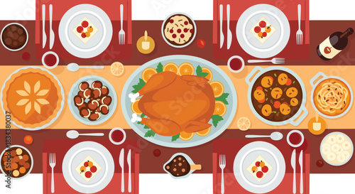 A festive Thanksgiving dinner table setting with a roasted turkey and assorted side dishes.