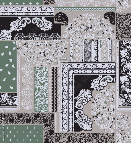 seamless patchwork paisley pattern on background.Seamless patchwork design vector fabric design. Vector graphic tile for interior and clothing fabric or ceramic tiles