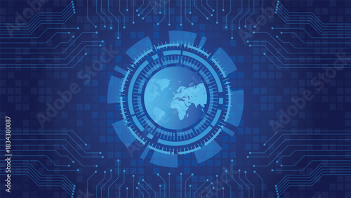 Blue global technology background featuring a digital world map inside a futuristic circular interface with circuit lines ideal for cyber themes data networks innovation and modern tech designs