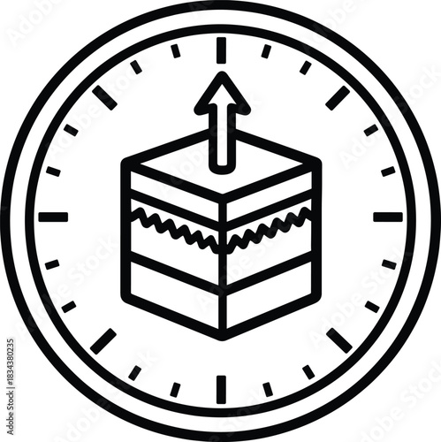 Muslim pray time kaaba icon within clock face, indicating timely religious observances and duties