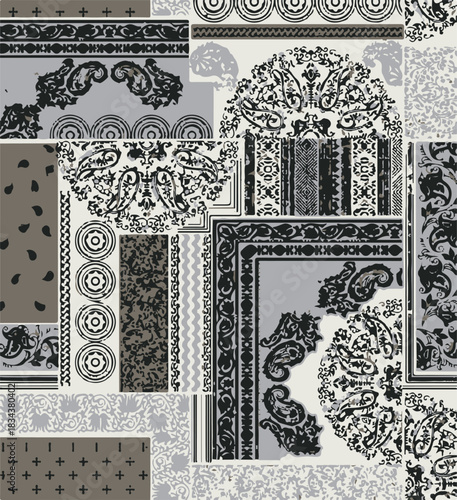 seamless patchwork paisley pattern on background.Seamless patchwork design vector fabric design. Vector graphic tile for interior and clothing fabric or ceramic tiles
