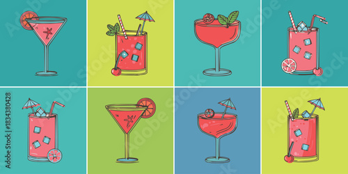 Vibrant hand-drawn cocktail illustration set with colourful glasses, citrus garnish, ice cubes and umbrellas