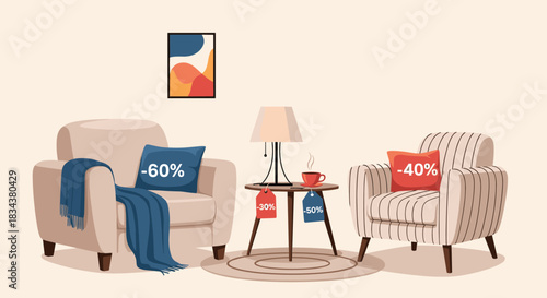 Cozy living room scene with two armchairs and a side table featuring sale tags.