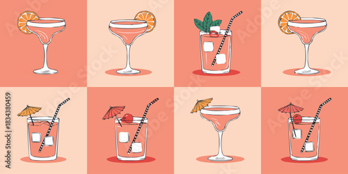 Hand-drawn cocktail illustration set with citrus garnish, ice cubes, umbrellas and straws on peach colour blocks