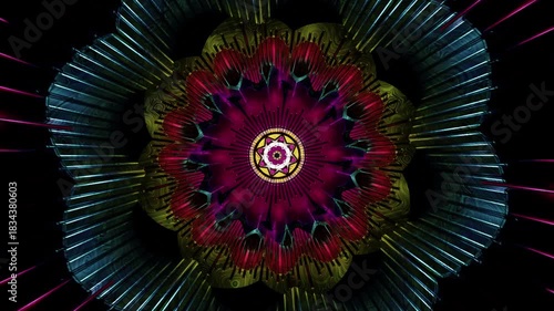 Radiant mandala of vivid petals and metallic textures forming a hypnotic symmetrical flower pattern, glowing kaleidoscope geometry rendered in 3D with vibrant colors, futuristic ornamental abstract