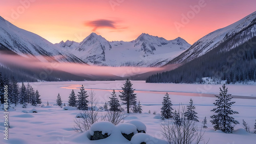Majestic snow covered mountains at sunrise with pink and orange sky