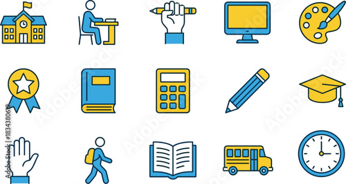 Education icons, school elements, learning tools, student activities, academic symbols, colorful vector illustration, classroom essentials, achievement, study, teaching, editable stroke