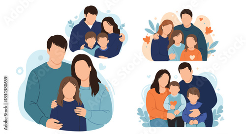 Illustration of diverse families in various compositions, showcasing unity and love.