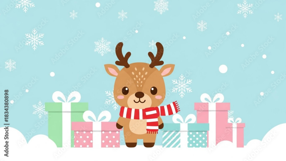 Fototapeta premium Cute cartoon reindeer with gifts and snowflakes