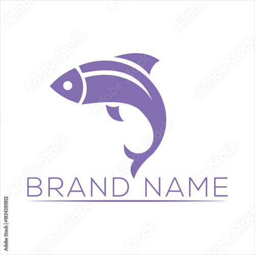 Purple fish logo with brand name text and flowing tail Keywords: fish, aquatic, marine, animal