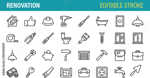 Home renovation icons, construction tools, DIY repair, editable stroke, black line vector, maintenance, improvement, plumbing, electrical, painting, budgeting, interior design