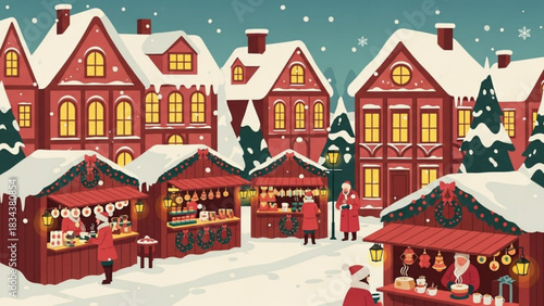 Charming snowy christmas market with festive stalls and houses