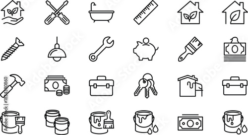 Home renovation icons, eco-friendly housing, construction tools, financial planning, DIY repair, paint supplies, vector illustration, black and white, maintenance, improvement
