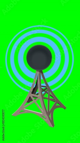 Looping animation of a 3D communication/transmission tower with a parabolic dish emitting blue signal waves. Isolated on green chroma key with alpha channel. Concept for broadcasting, network, or data