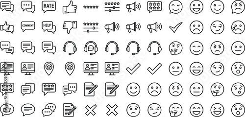 Comprehensive feedback and emoji icon set featuring ratings, reactions, communication, customer support, reviews, emotions, and user interaction elements in clean line style.