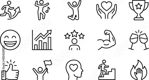 Personal growth icons, achievement, motivation, emotional intelligence, celebration, success, vector illustration, black and white, wellness, progress, positivity, editable stroke