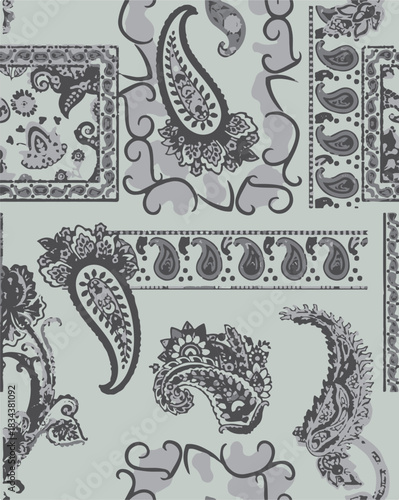 seamless patchwork paisley pattern on background.Seamless patchwork design vector fabric design. Vector graphic tile for interior and clothing fabric or ceramic tiles