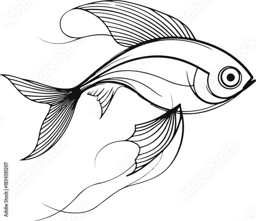 Abstract fish design where the body is represented by a single curved ribbon line and the tail by subtle angular strokes 2
