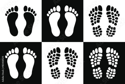 Footprint icon set with human feet and shoe print silhouettes in black and white for signage, symbols and graphic design