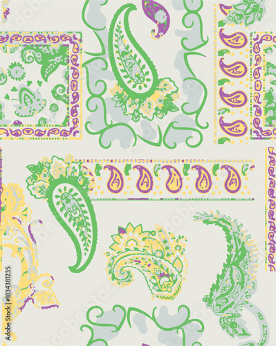 seamless patchwork paisley pattern on background.Seamless patchwork design vector fabric design. Vector graphic tile for interior and clothing fabric or ceramic tiles
