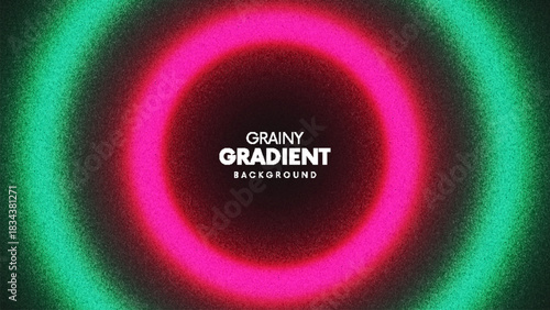 Vivid grainy neon gradient banner with radiant circles in vibrant pink green tones created from thousands of individual dots. Bright concentric rings radiate intense illumination for banner design