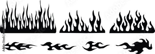 Black flame icon set in flat style, fire silhouette collection with tribal blaze shapes and decorative heat graphic group, monochrome burning element pack with synonym illustration