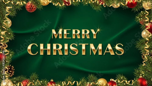 Elegant merry christmas greeting with golden ornaments and pine boughs