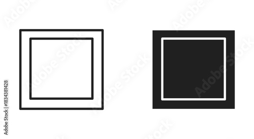 Set of Two Minimalist Square Frame Icons, Outline and Solid Black Filled Versions, Ideal for UI Design, Photo Placeholders, or Gallery Representations