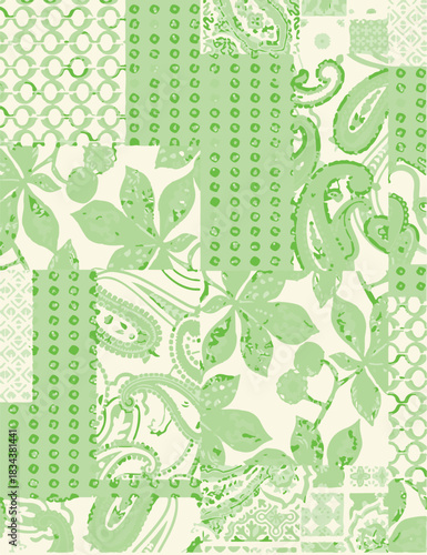 seamless patchwork paisley pattern on background.Seamless patchwork design vector fabric design. Vector graphic tile for interior and clothing fabric or ceramic tiles