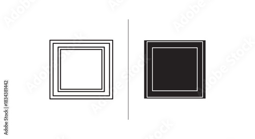 Nested Square Frames Icon Set: Outline and Solid Black & White Versions