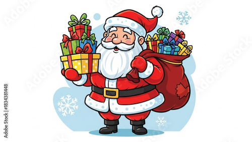 Happy santa claus holding gifts and a sleigh bag