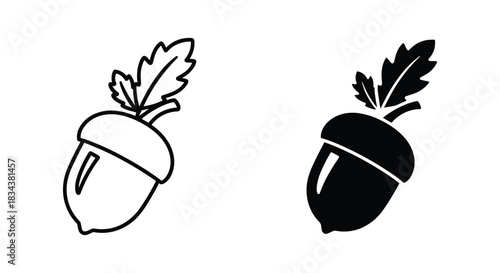 Acorn with Leaf Icons Set - Line Art and Solid Black Silhouette