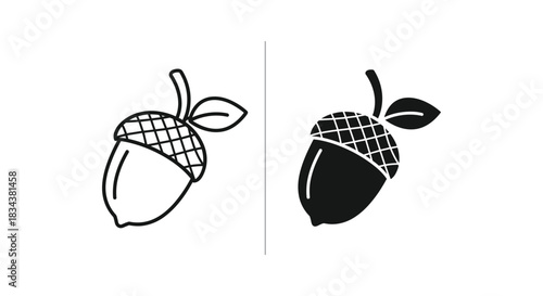 Acorn outline and solid icon with leaf vector illustration