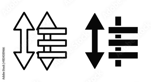 Sort and Filter List Icons: Vertical Double Arrow with Stacked Horizontal Bars (Outline and Filled Styles)