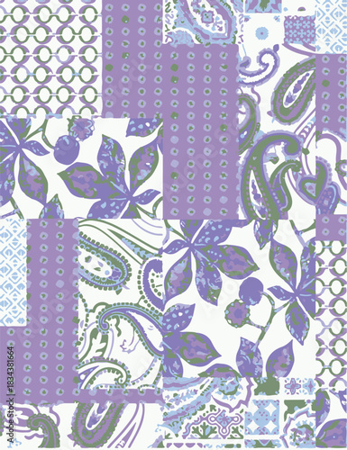 seamless patchwork paisley pattern on background.Seamless patchwork design vector fabric design. Vector graphic tile for interior and clothing fabric or ceramic tiles