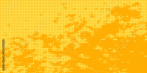 Yellow halftone pattern. Retro comic gradient background. Bright orange pixelated dotted texture overlay. Cartoon pop art faded gradient pattern. Vector backdrop for poster, banner, advertisement